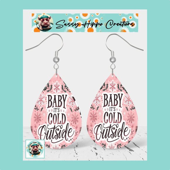 Earrings Baby It's Cold Outside Pink Christmas Holiday Hand Sublimated Printed - Picture 1 of 4